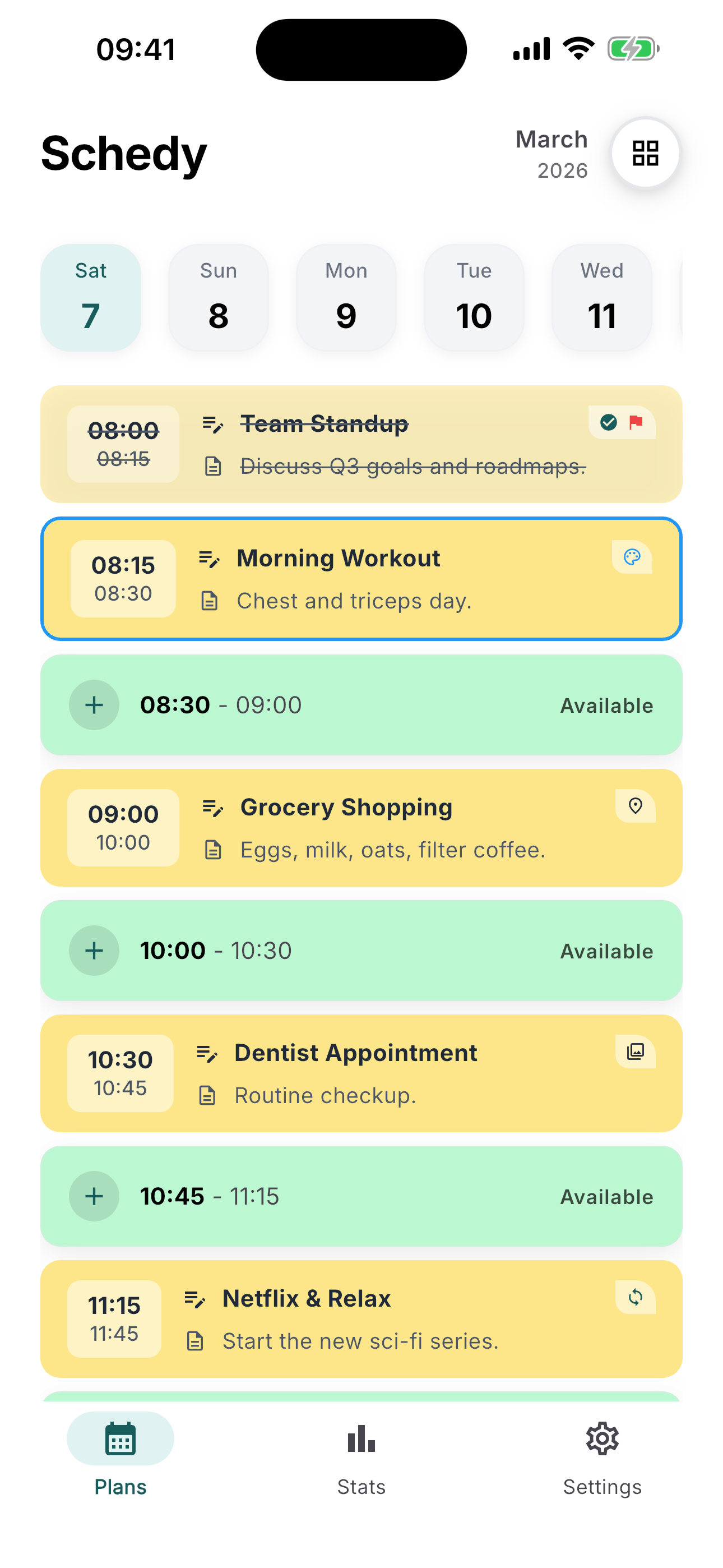 Schedy home list screen with appointments and available time blocks