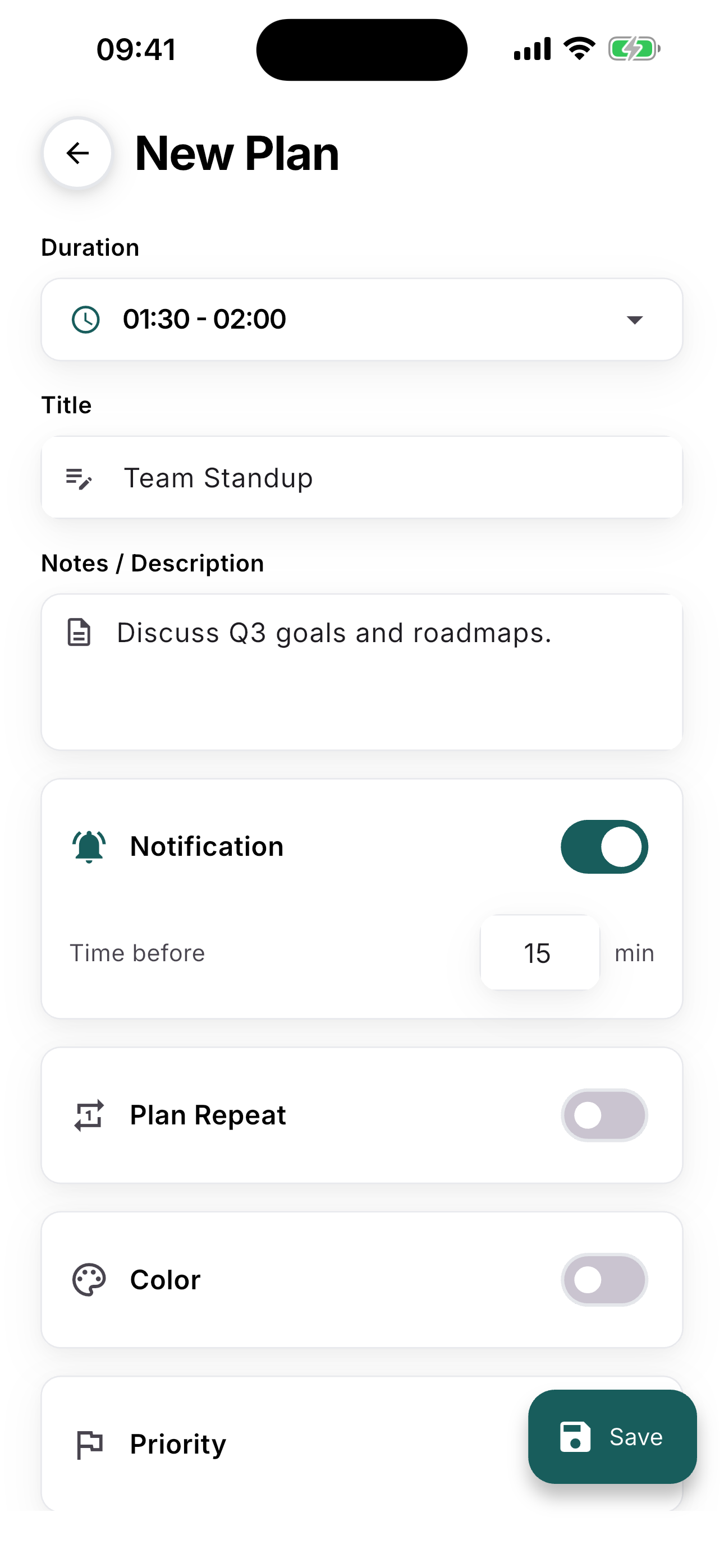 Schedy add plan screen with fields for title, time, duration, priority, and notes