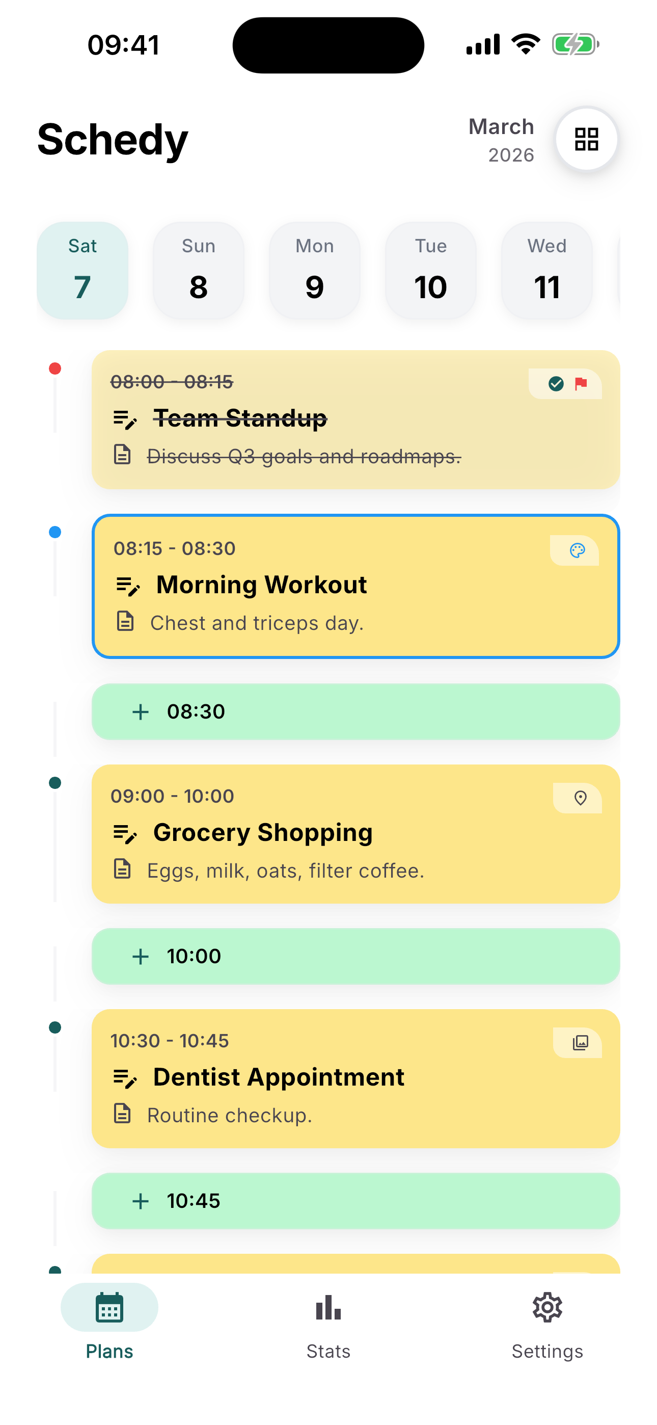 Schedy timeline screen for daily schedule management