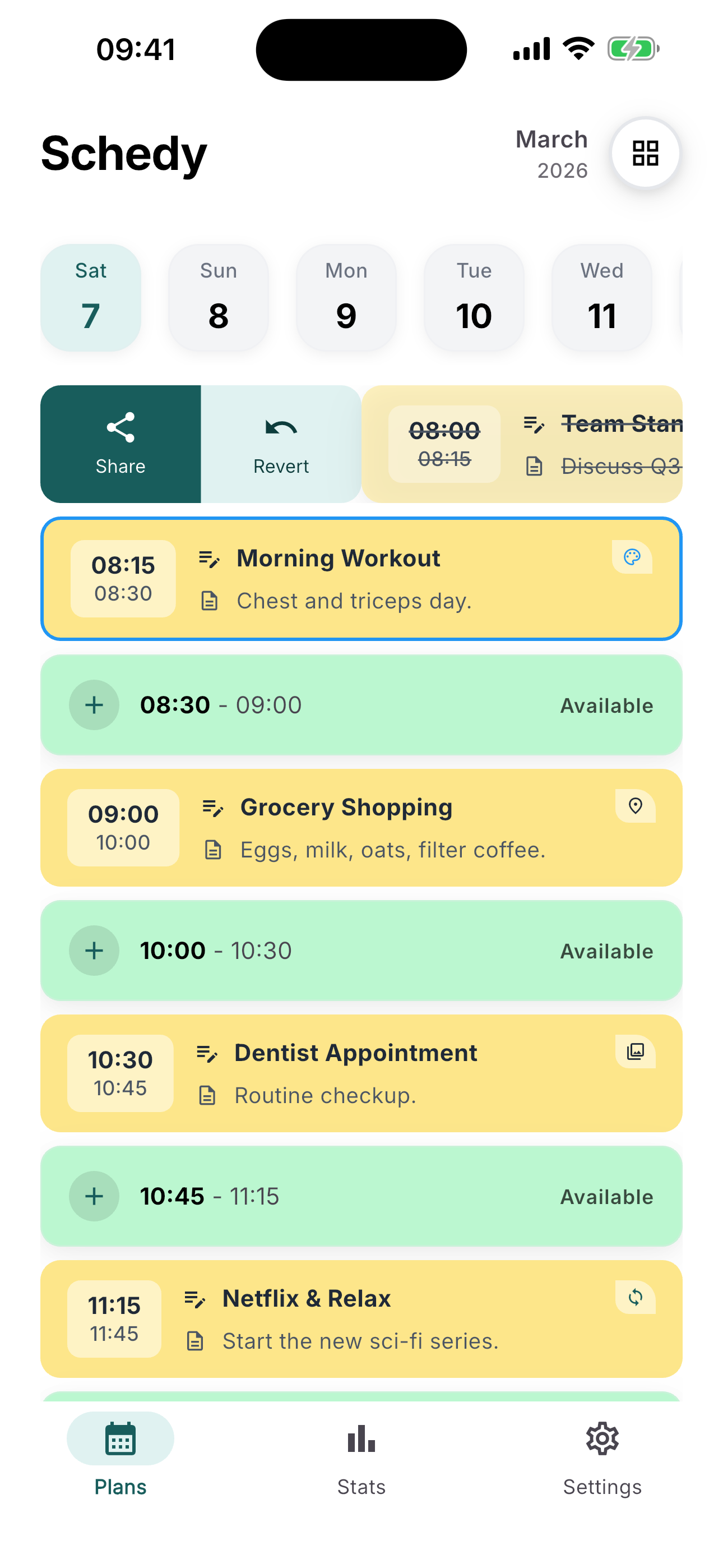 Schedy sharing and schedule overview screen